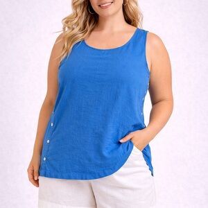 Rachel Row Women's Sleeveless 100%
Linen Top Tunic Button Accent Sz XL
Blue